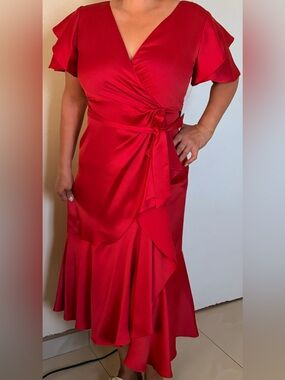 Red Wrap Satin Dress - Women's Elegant Evening Dress